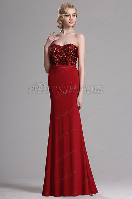 Red Strapless Sweetheart Sequin Evening Formal Gown