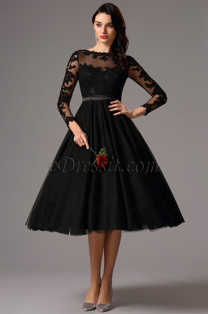  Long Lace Sleeves Tea Length Black Cocktail Dress