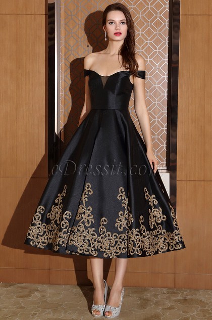  Black Off Shoulder Cocktail Party Dress with Sequin Lace