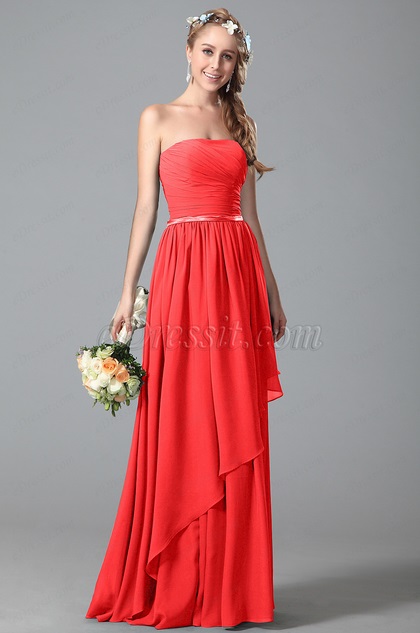 Strapless Red Bridesmaid Dress With Asymmetric Hem
