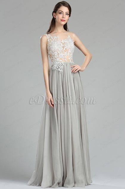 Grey floral lace fashion evening dress