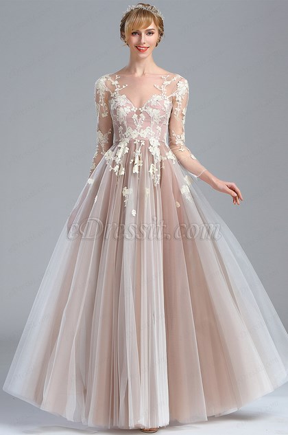 Elegant Long Sleeves Lace Appliques Fancy Prom Dress