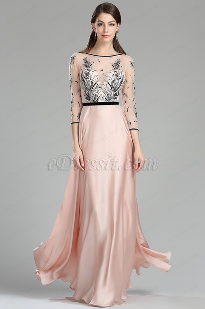 pink black embroidery long dress with sleeves