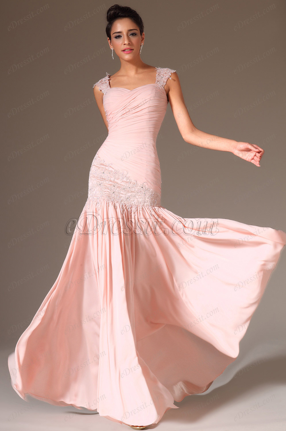 Robe Rose Poudrée à edressit robe de soirée/bal longue rose dentelle(00142201)