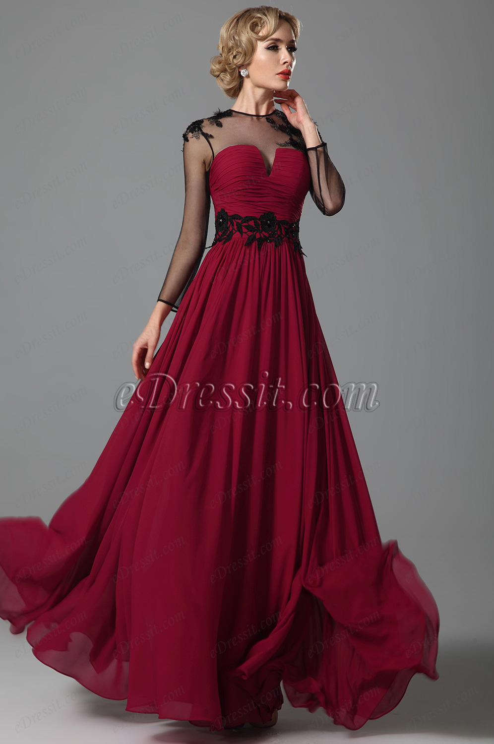Robe de soirée longue bordeaux dentelle manches en tulle (26152417)