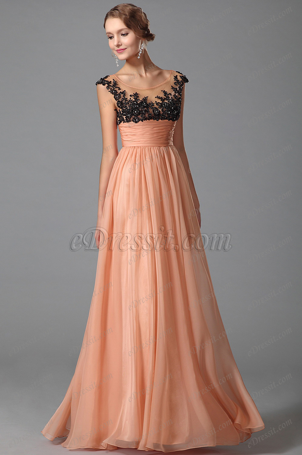 Robe de soirée longue orange plissée taille empire dentelle (00152710)