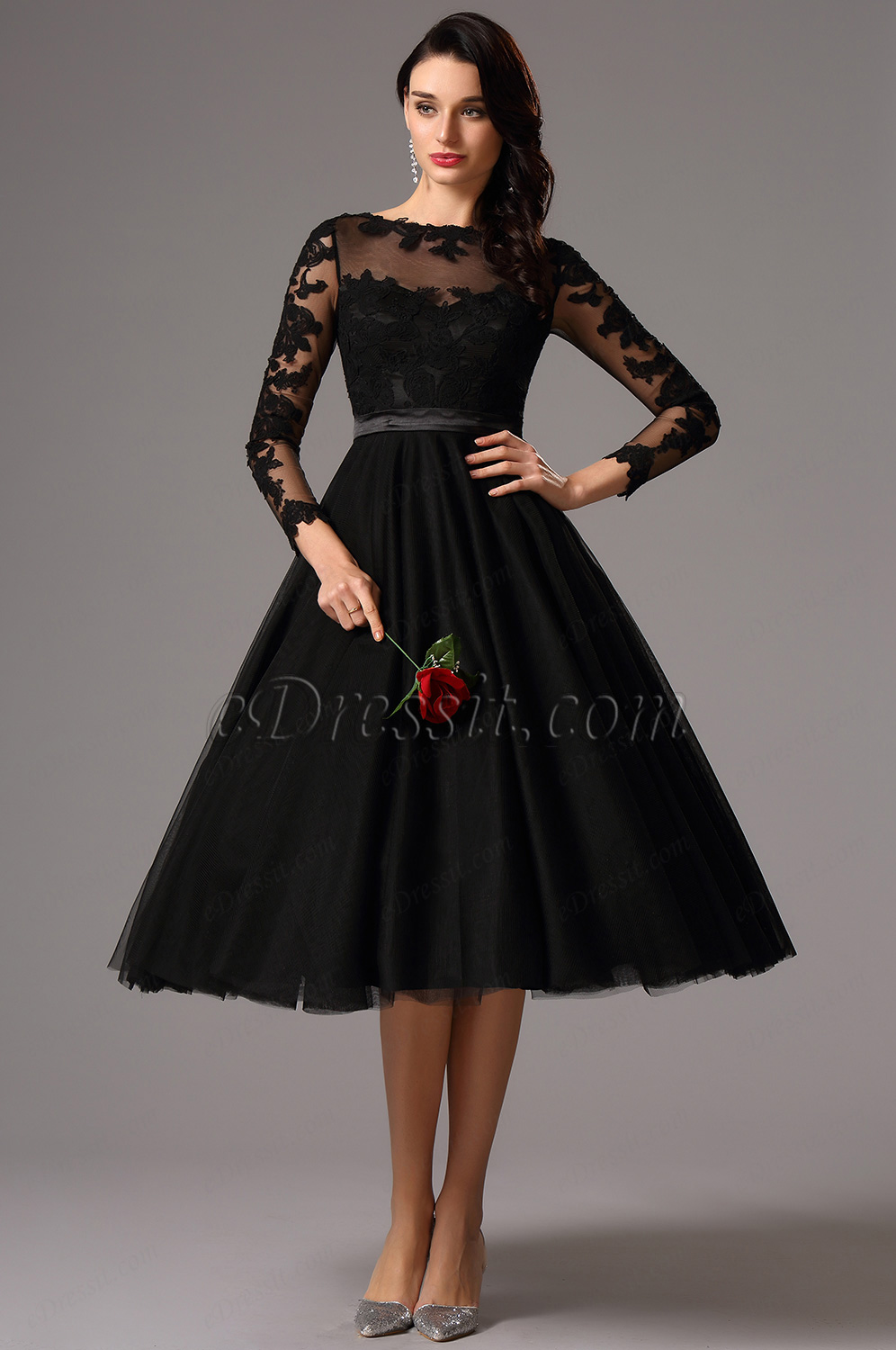 Robe cocktail midi manches longues dentelle (04161300)