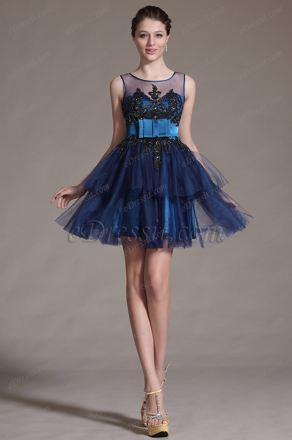 Petite robe bleu roi dentelle gothique, robe de cocktail taille empire multicouche