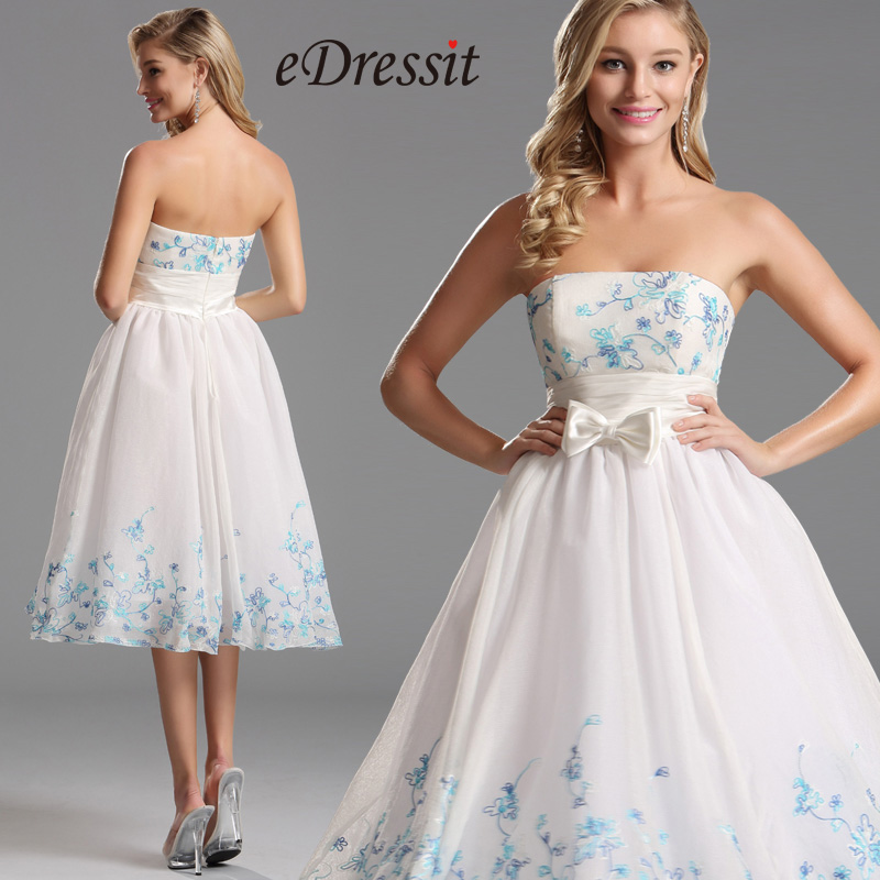 Flattering Strapless White Tea Length Party Dress (X04135107)