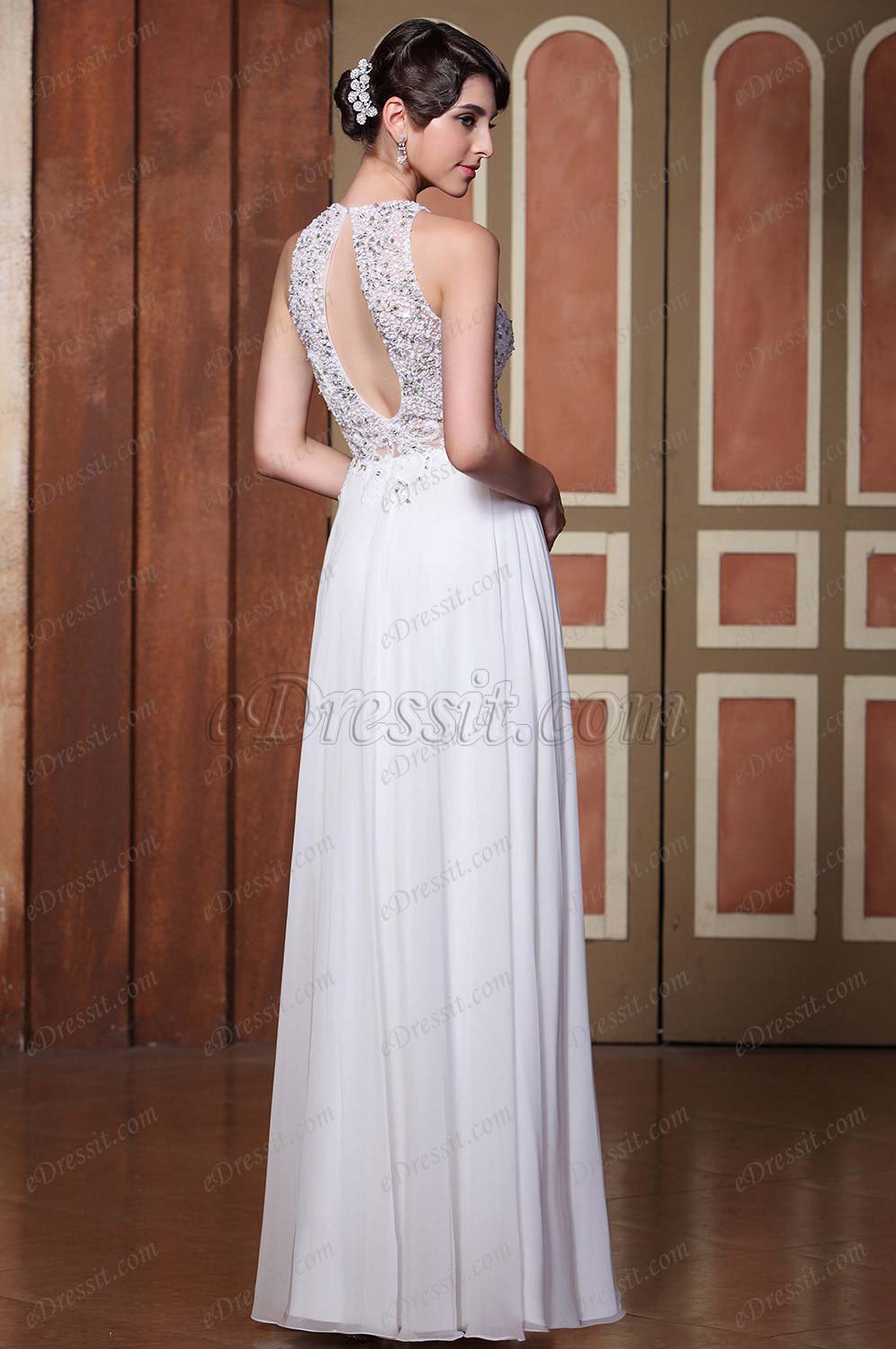 Robe de soirée blanche/robe de mariée sexy dentelles et strass dos nu