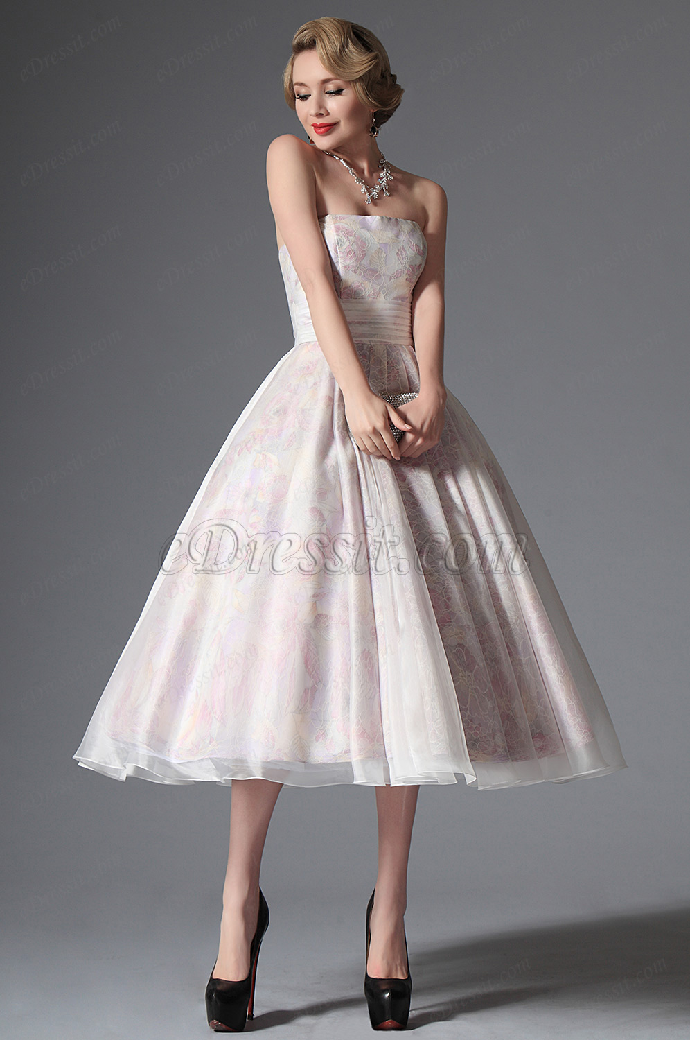 Robe de soirée bustier blanche imprimée fleurie rétro chic