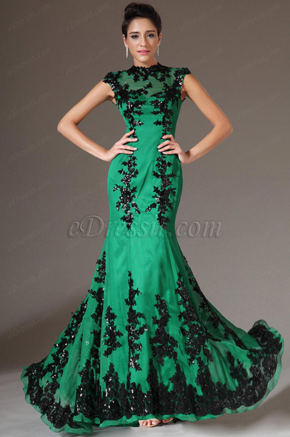 green and black ball gown