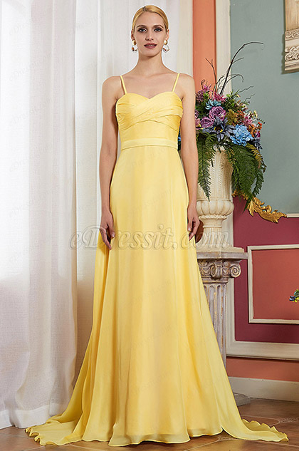 Spaghetti Yellow V-Cut Bridesmaid Evening Dress -eDressit 
