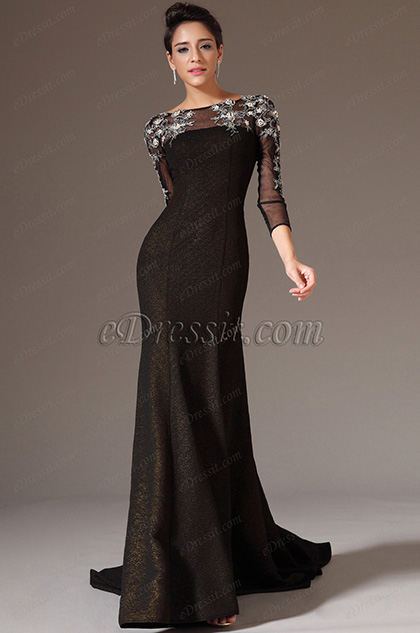 eDressit Black Sheer Top Tulle Sleeves Prom Gown (02143900)