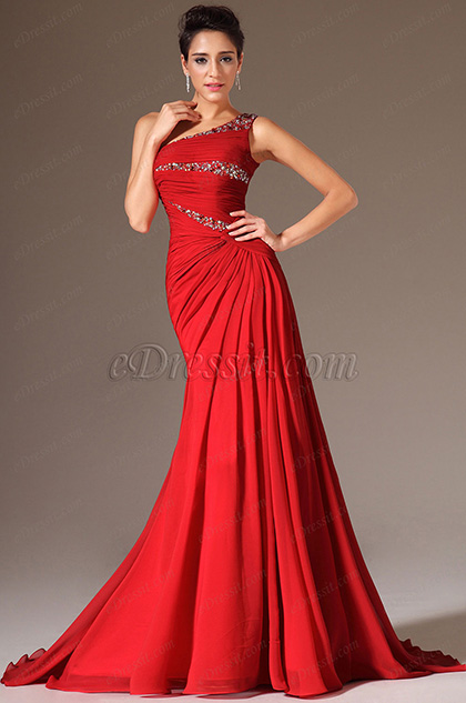 one shoulder red evening gown