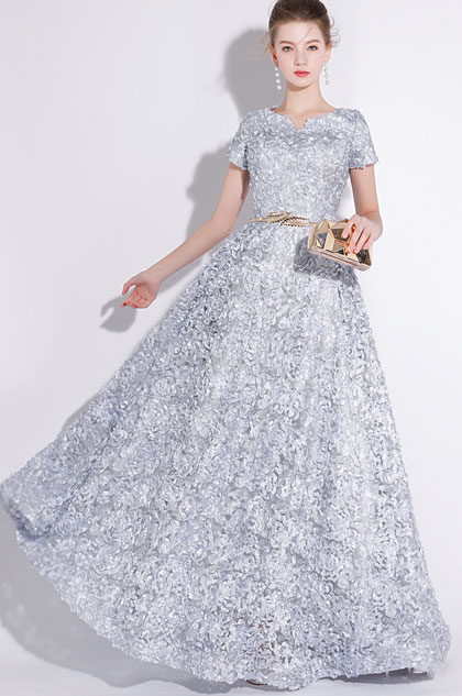 Grey Short Sleeves Long Party Evening Ball Dress