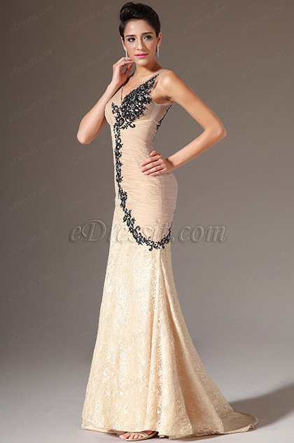 eDressit Champagne V-Neck Embroidered Lace Mermaid Evening Gown (02141514)