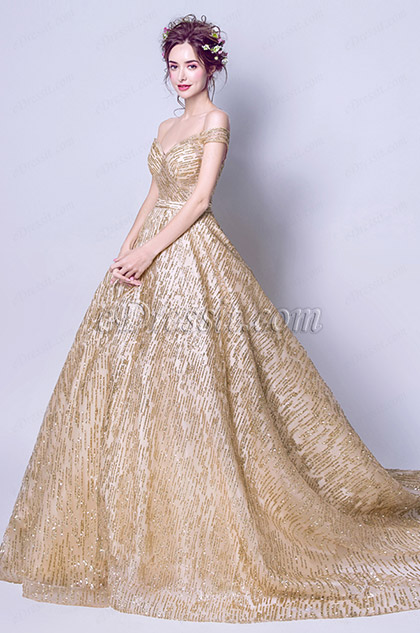 Sexy Gold Sequins Off-Shoulder Party Evening Gown 