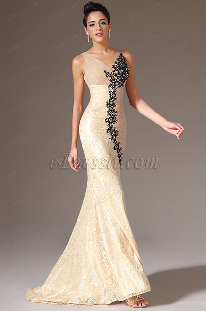 eDressit Champagne V-Neck Embroidered Lace Mermaid Evening Gown (02141514)
