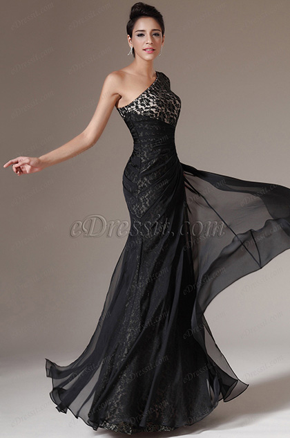 eDressit Black One Shoulder Lace Evening Dress (02140900)