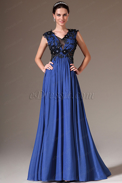 eDressit Blue V-Neck Sleeveless Applique Evening Dress(00145205)