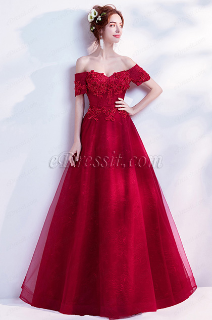 red off the shoulder ball gown