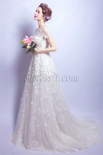 Edressit Short Sleeves Floral Lace Bridal Wedding Dress 36207407