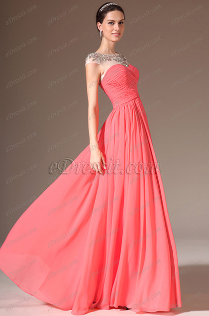 SHEER TOP ROUND NECK FULL-LENGTH PROM DRESS