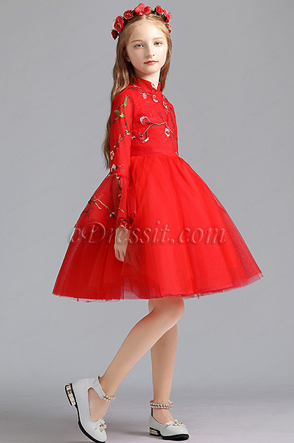 Red Embroidery Princess Flower Girl Stage Dress 