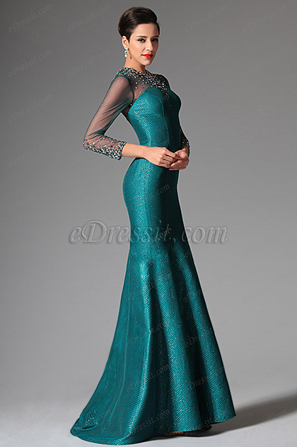 eDressit Darkcyan High Collar Long Sleeves Mermaid Evening Prom Ball ...