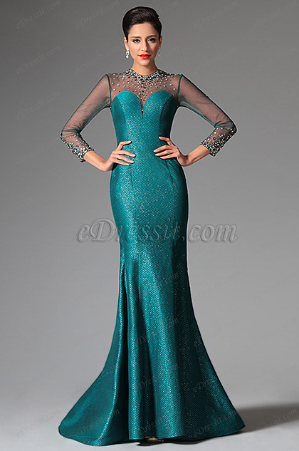 eDressit Darkcyan High Collar Long Sleeves Mermaid Evening Prom Ball ...