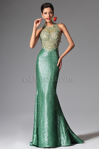 GREEN HALTER MERMAID EVENING DRESS PROM BALL GOWN