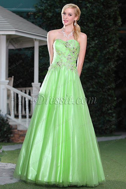 Graceful Green Strapless Floral Beadings Prom Dress Graduation Ball