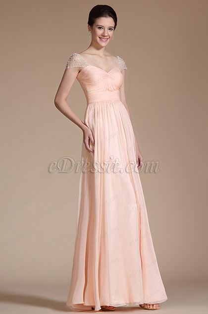 peach color gown with sleeves