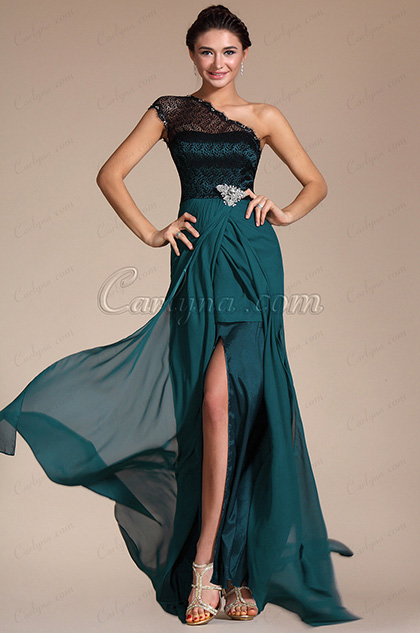 Elegant Lace Shoulder High Split Evening Dress (C00131605)