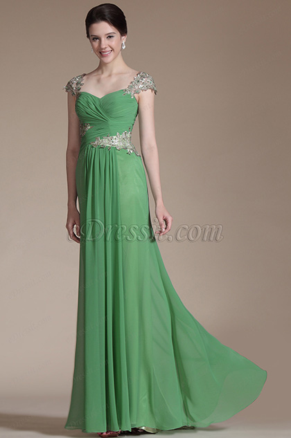 Green Lace Cap Sleeves Long Evening Dress (C00146318)