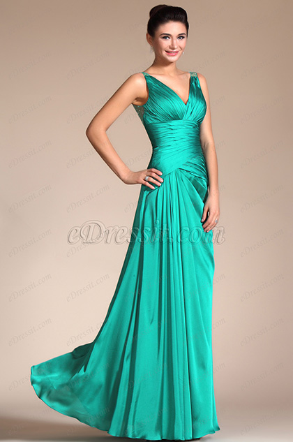 Turquoise Sexy V-cut Transparent Back Evening Dress (C00140411)