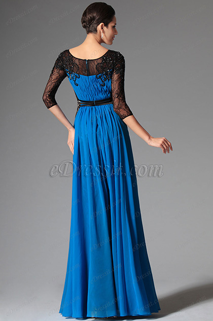 Stunning Lace Sleeves Blue Evening Dress Formal Gown (26149105)