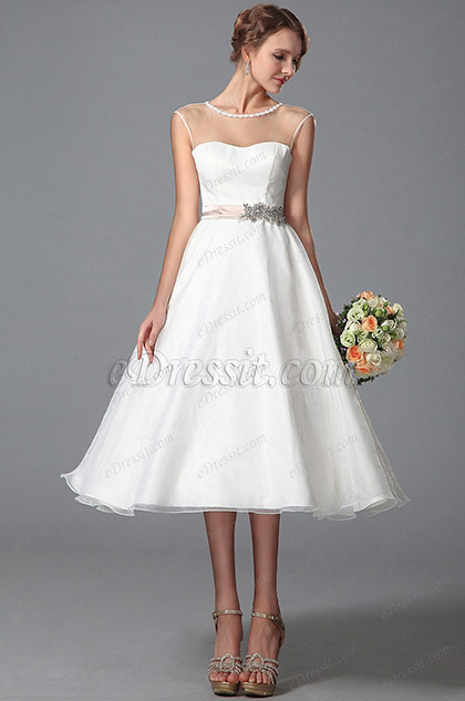 Sleeveless Sheer Top Wedding Dress Tea Length 01150113