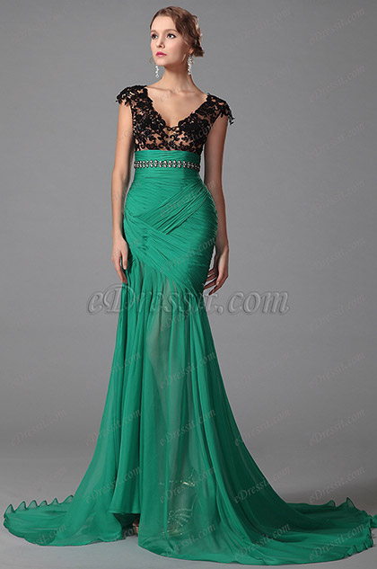 Stunning Black Lace Pleated Evening Dress Formal Wear (00152204)