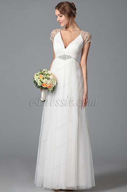 beaded short sleeve wedding dress
