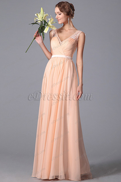 Elegant Sleeveless Lace Shoulders Peach Bridesmaid Dress (00152001) Elegant Sleeveless Lace Shoulders Peach Bridesmaid Dress (00152001)