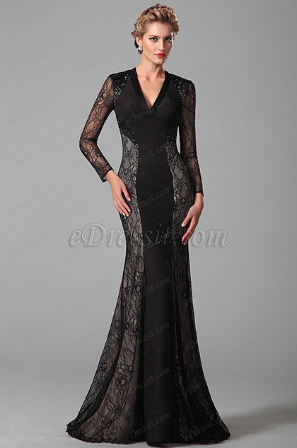 Gorgeous Long Lace Sleeves Black Mother of the Bride Gown (26151000)