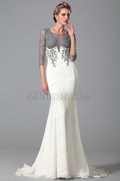 Stylish Lace Sleeves Ruched Bodice Trumpet Mother of the Bride Dress ...