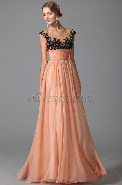 EMPIRE WAIST EVENING GOWN WITH BEADED LACE APPLIQUE