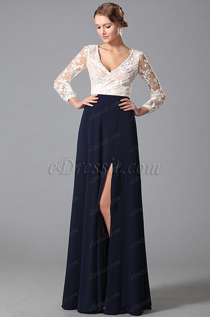 Long Sleeves V Neck High Slit Two Pieces Evening Dress (00150205) Long Sleeves V Neck High Slit Two Pieces Evening Dress (00150205)