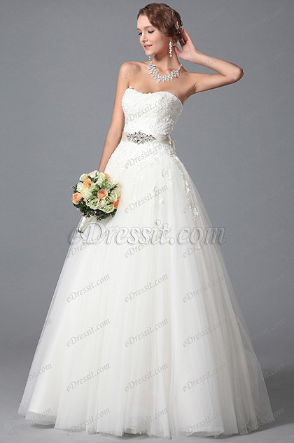 Strapless Beaded Waistline Lace Accented Wedding Gown