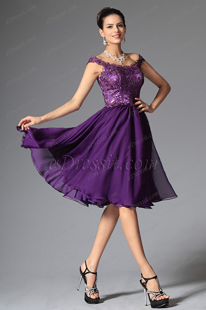 Elegant Off Shoulder Lace Purple Cocktail Dress Party Dress (04145706)