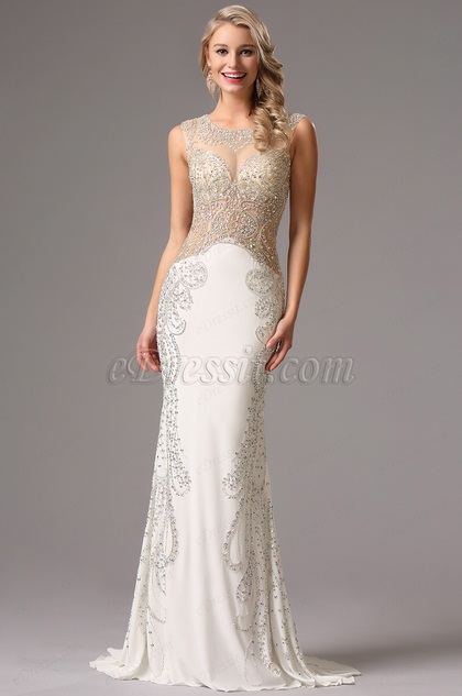 Sleeveless Beaded Illusion Bodice White Formal Gown (36160807)