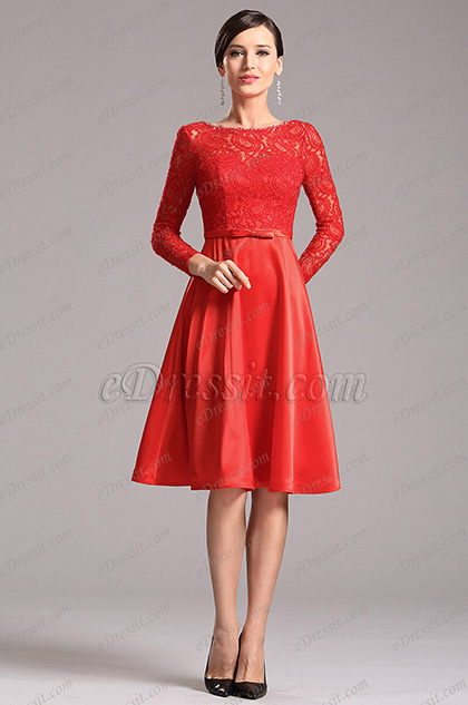 Stunning Red Party Dress with Long Lace Sleeves (X04151802)